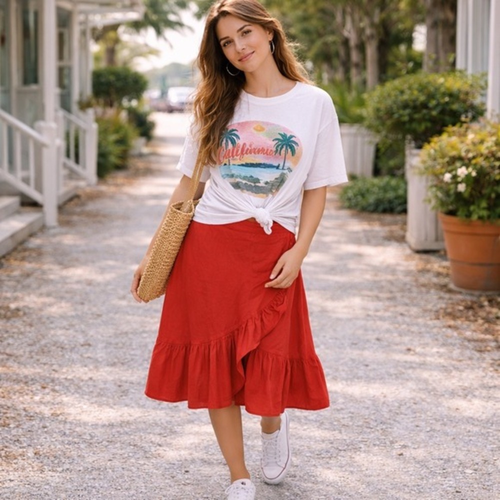 Farmhouse Frocks Linen Orange Ruffle Wrap Midi Skirt XS Elastic Waist Tiered Hem